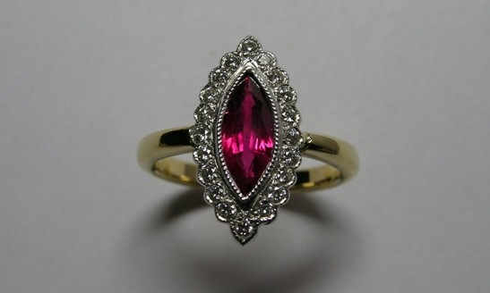 Marquise ruby and diamond antique style dress ring