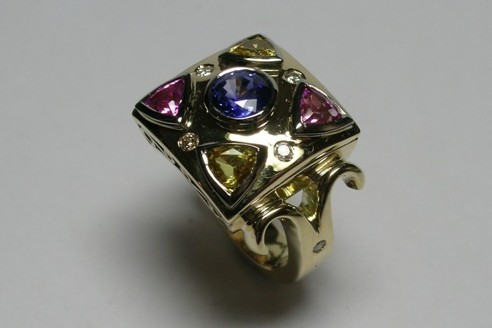 Coloured sapphire and diamond ladies dress ring