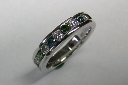 Channel set green blue and white diamond ladies ring