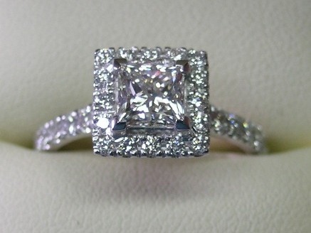 Platinum princess cut diamond halo design engagement ring